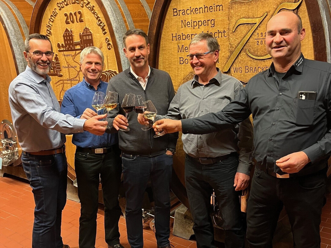 Im Weinkeller (v. l.): Jrgen Conz (Vorstandsvorsitzender), Bernd Dbler (stellvertretender Aufsichtsratsvorsitzender), Dr. Bernd Kost (Geschftsfhrender Vorstand), Martin Weiberle (Aufsichtsratsvorsitzender) und Frank Braun (stellvertretender Vorstand)
