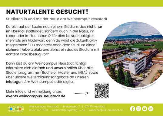 Studieren am Weincampus Neustadt  Infotag in Prsenz sowie im Livestream. 
