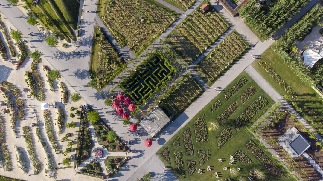 Blick auf BUGA mit Weinbeitrag und Rosengarten im Frühjahr.