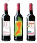 Auswertung des EyeTrackings bei den „Simple-Elegant“-Etiketten. Aufbau des Etiketts (links und rechts) sowie Blickverlauf der Probanden (Mitte).