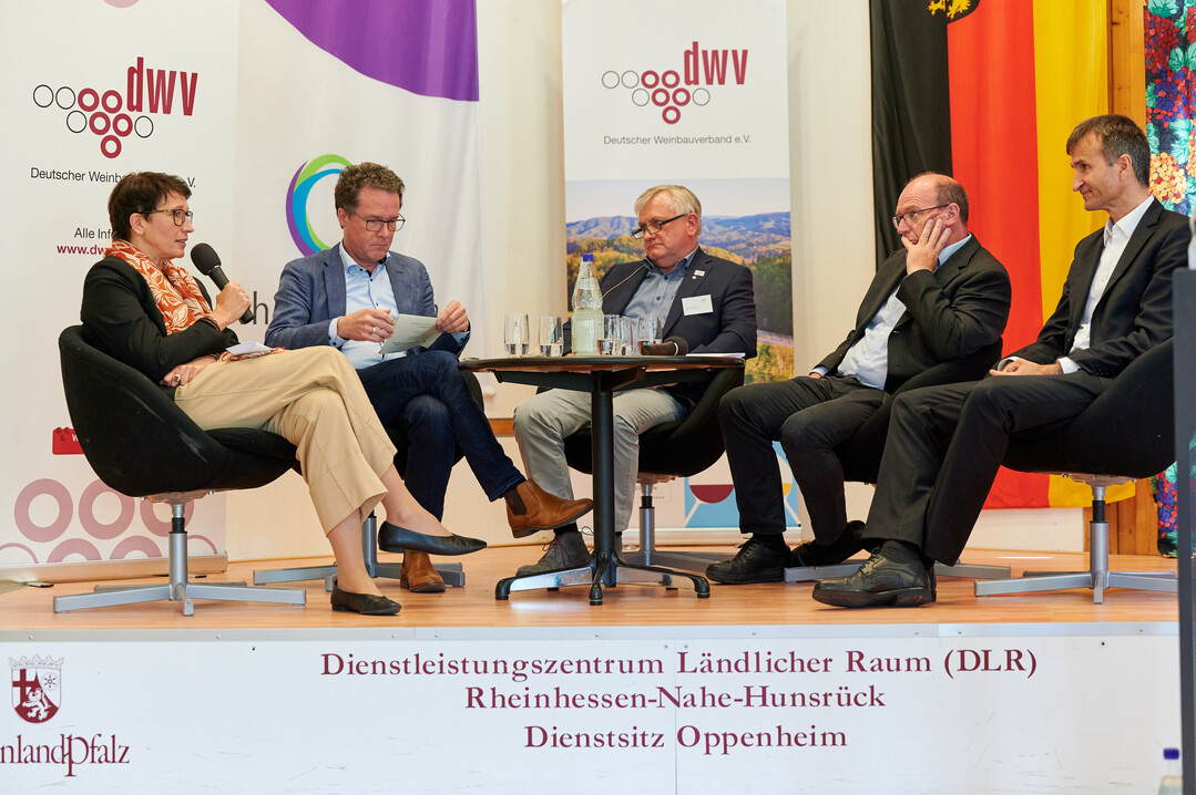 DWV-Podiumsdiskussion (v.l.): Staatssekretrin Silvia Bender, Bundestagsabgeordneter Harald Ebner, DWV-Vizeprsident Heinz-Uwe Fetz, Vizeprsident des sterreichischen Weinbauverbandes Andreas Liegenfeld und Prof. Dr. Enno Bahrs von der Universitt Hohenheim.