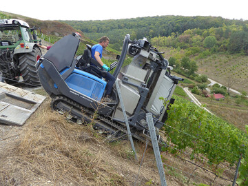 Der Steillagenvollernter im Einsatz im 
Weinberg in Thngersheim: Er kann 
Winzern die Arbeit 
erleichtern.