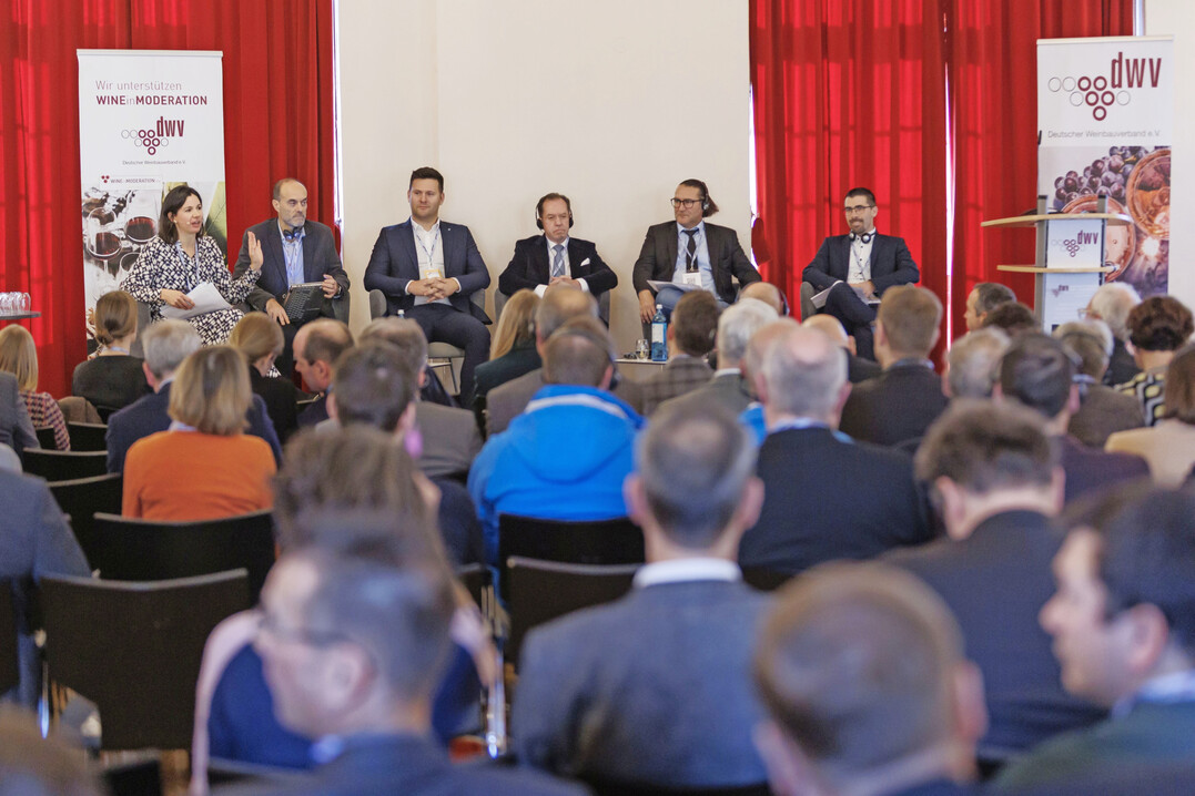 Blick aufs Mainzer Podium: Am Eröffnungstag tauschten sich regionale Weinbauvertreter über ihre Erfahrungen mit dem Agrargeoschutz aus. Von links: Daniela Zandona (EFOW), Alexandre Comellas (Cava, Spanien), Michael Wild (Konsortium Südtirol Wein, Italien), Gilles Ehrhart (AVA, Frankreich), Alberto Ribeiro de Almeida (Instituto dos Vinhos do Douro e Porto, Portugal), Dr. Hermann Morast (Weinbauverband Württemberg).