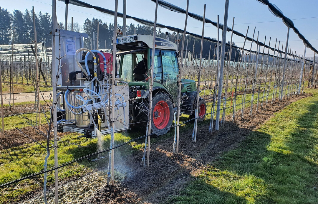 Mithilfe des entwickelten Prototyps fr die Applikation wird das umweltfreundliche Mulchmaterial in einer Obstanlage ausgebracht.