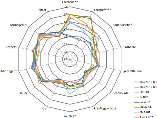 Diese Sensorikspinne macht auf einen Blick deutlich, wo die geschmacklichen St�rken und Schw�chen der einzelnen Sp�tburgunderklone liegen.