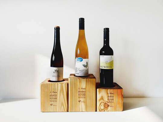 Die drei Siegerweine: 1. Platz 2022er - Souvignier Gris trocken - AUFTAKT-Linie Weingut Abthof (Rheinhessen), 2. Platz - 2022 Souvignier Gris, Britzinger Sonnhole, Eiswein, Winzergenossenschaft Britzingen Markgrflerland eG (Baden) und 3. Platz - 2023 Sauvignac feinherb Weingut Rainer Antweiler (Rheinhessen).