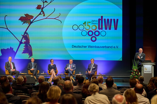 Eine Podiumsdiskussion bot Raum für Austausch und Diskussion zwischen Wissenschaft, weinbaulicher Praxis und Politik (v. l.): Michael Pielke (EU-Kommission), Steffen Bilger, MdB und Stellvertretender Vorsitzender der CDU/CSU-Fraktion im Deutschen Bundestag, Dr. Jo Marie Reiff (Rheinland-Pfälzischen Technischen Universität Kaiserslautern-Landau (RPTU)), DWV-Vizepräsident Heinz-Uwe Fetz, Aly Leonardy (Assemblée des Régions Européennes Viticoles (AREV)) und Klaus Schneider (DWV-Präsident).