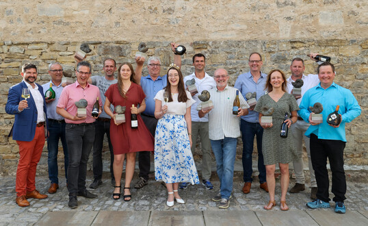 Ralf Schwarz vom Bezirk Unterfranken (links) und die Fränkische Weinkönigin Lisa Lehritter (Mitte) mit den Vertretern der siegreichen Weingüter und Winzergenossenschaften von Best of Franken (v. l.): Winzergemeinschaft Franken, Weingut Juliusspital Würzburg, Weingut Max Müller I, Weingut Kreglinger, Weingut Bürgerspital Würzburg, Weingut Michael Fröhlich, Weingut Roth, Sektkellerei Höfer, Weingut Horst Sauer, Weingut Waldemar Braun und Weingut Höfling.