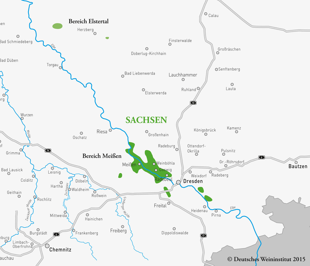 Das Anbaugebiet erstreckt sich über die Bundesländer Sachsen, Sachsen-Anhalt und Brandenburg.