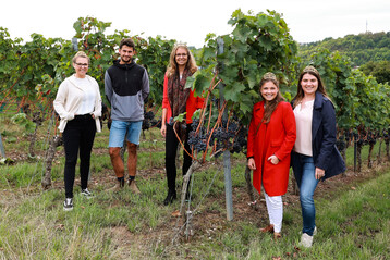Beim Besuch im Weingut Kreglinger in Segnitz (v.l.): Deutsche Weinprinzessin Linda Trarbach, Junior-Chef Martin Mller, Frnkische Weinknigin Eva Brockmann, Weinknigin Sina Erdrich und Deutsche Weinprinzessin Saskia Teuke.