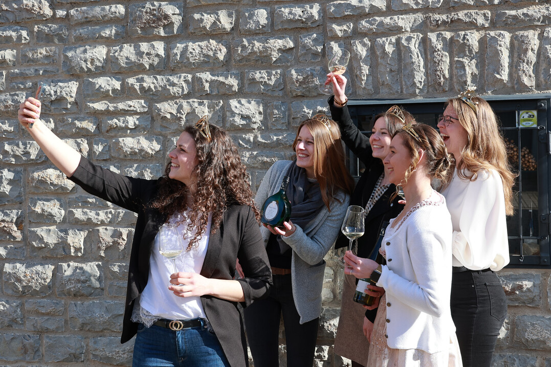 Noch schnell ein Selfie machen (v.l.n.r.): Die Deutsche Weinkönigin Katrin Lang sowie die Deutschen Weinprinzessinnen Luise Böhme und Juliane Schäfer, die Sommeracher Weinprinzessin Anna-Lena Zehnter und die 65. Fränkische Weinkönigin Eva Brockmann.