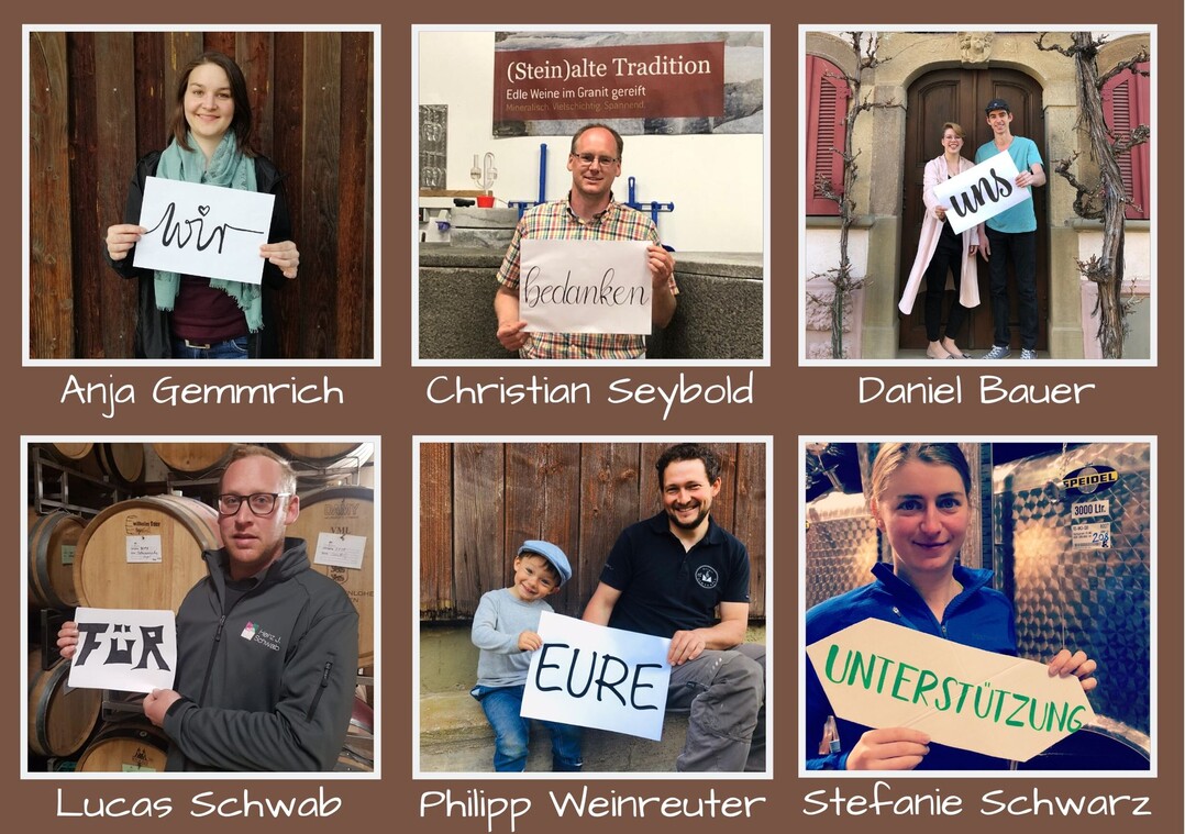 Die sechs Württemberger Jungwinzer Stephanie Schwarz, Christian Seybold, Daniel Bauer, Lucas Schwab, Philipp Weinreuter und Anja Gemmrich.