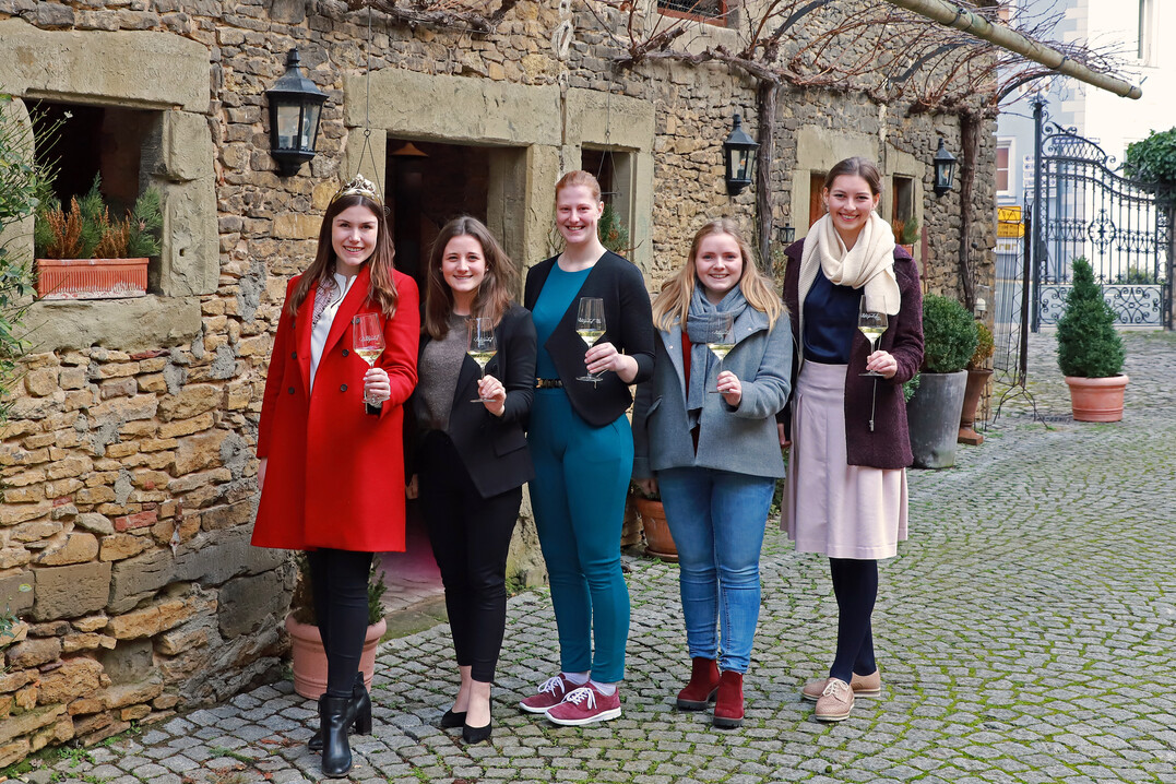 Die Fränkische Weinkönigin Carolin Meyer zusammen mit ihren vier potenziellen Nachfolgerinnen Vanessa Wischer, Kimberly Langlotz, Katharina Schmidt und Lena Müller (v. l.).