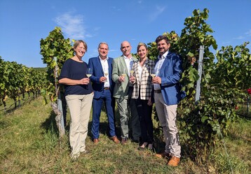 Zur Erntebilanz in Sommerach waren (v.l.): Beate Leopold (Weinbauring Franken), Dr. Matthias Mend (LWG), Artur Steinmann (Prsident Frnkischer Weinbauverband), Anna-Lena Zehnter (Weinprinzessin Sommerach) und Ralf Schwarz (Bezirk Unterfranken).