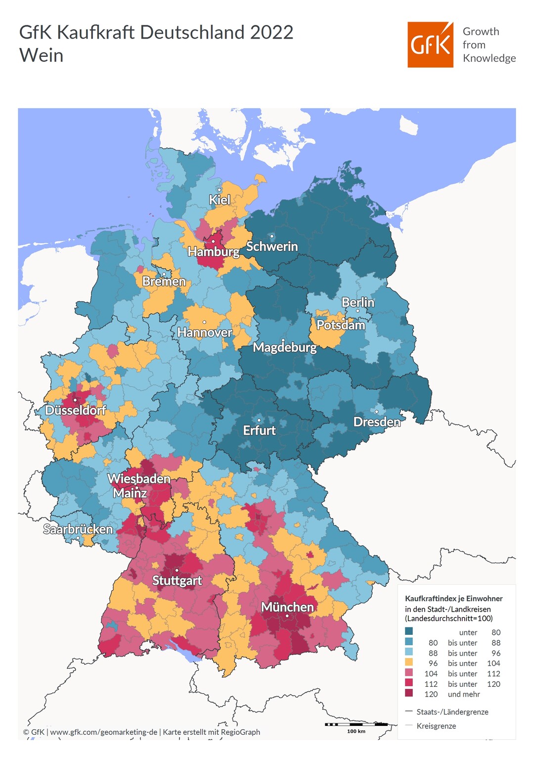 Die Karte zeigt die regionale Verteilung der GfK Kaufkraft Deutschland 2022 im Bereich Wein.