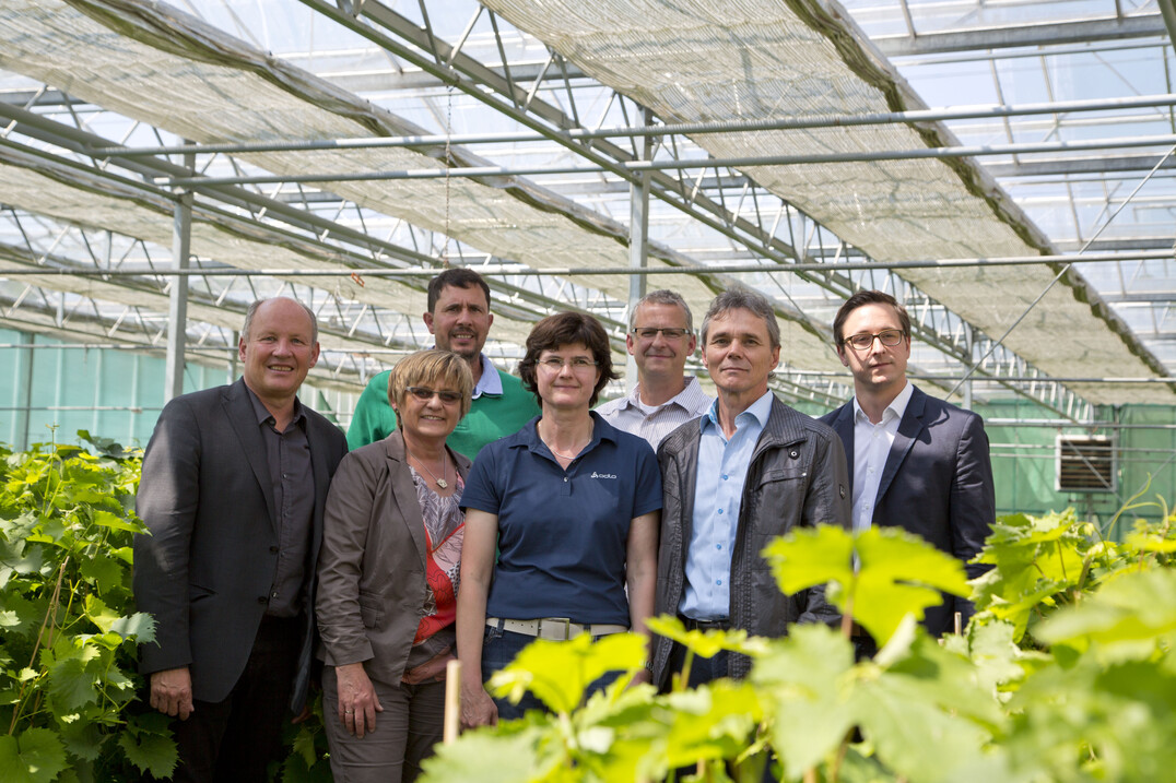 (v. l.) Dr. Hermann Kolesch, Präsident der LWG, Klaus Roßdeutscher, erster Stellvertreter der Vorsitzenden der Erzeugergemeinschaf der Fränkischen Rebenpflanzguterzeuger (EZG), Marianne Grohme, Vertreterin der Anerkennungsstelle für Rebenpflanzgut (LWG), Petra Steinmann-Gronau, erste Vorsitzende der EZG, Roman Gürsching, zweiter Stellvertreter der Vorsitzenden der EZG, Georg Bätz, Leiter der Abteilung Weinbau (LWG), Daniel Heßdörfer, Sachgebiet Weinbau und Qualitätsmanagement (LWG).