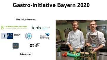 Links die Partner der `Gastro-Initiative Bayern 2020, rechts im Bild die Grnder des Start-ups Trocken Kasperl. hnlich wie die beiden gelernten Kche sollen Gastronominnen und Gastronomen mit Untersttzung der Initiative Produktideen umsetzen knnen.