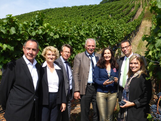 Prof. Arnold van Zyl (Prsident DHBW), Prof. Dr. Doris Nitsche-Ruhland (DHBW), Dr. Dieter Blankenhorn (Direktor LVWO), Weinbauprsident Hermann Hohl, Prof. Dr. Nicole Graf (Rektorin DHBW Heilbronn), Landwirtschaftsminister Peter Hauk und Weinknigin Carolin Klckner (von links) stellten in Weinsberg den neuen Dualen Studiengang "Wein  Technologie  Management" vor, der im Herbst 2019 starten soll.