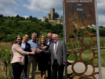 Der Blick auf die Ruine der Wachtenburg bei Wachenheim gehrt zu den schnsten Weinsichten Deutschlands. Fr den Titel gabs eine Stahl-Stele des Mainzer Knstlers Ulrich Schreiber, die letzte Woche feierlich enthllt wurde. 
