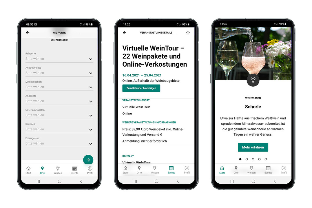   Die App "Deutsche Weine" bietet weitere Filter-Mglichkeiten bei der Suche nach Weinerzeugern und erlaubt den Nutzer*innen, Veranstaltungstermine direkt in den eigenen Kalender zu bernehmen. 