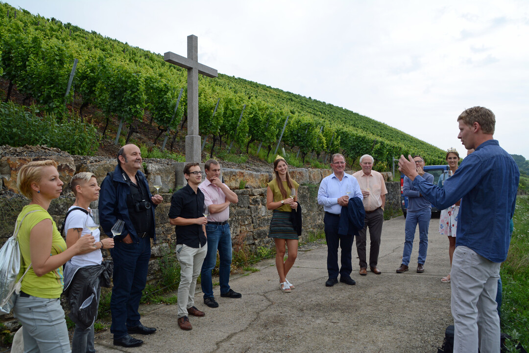 Benedikt May und Retzstadts Weinprinzessin Lena Mller unternahmen mit den Gsten eine kleine Wanderung durch die Weinberge. 